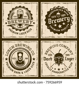 Beer and brewery four colored emblems, labels or badges on background with grunge textures and frame vector illustration