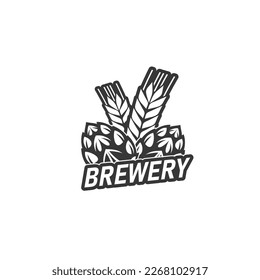 Beer brewery icon of homebrew craft beer bar or pub, vector hop and wheat label. Beer brewery sign of alcohol drinks and beverages factory or Oktoberfest tavern and beer festival emblem