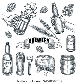 Beer and brewery icons collection isolated on white background. Glasses, bottle, barrel hand drawn elements for pub and bar menu design. Vector sketch illustration