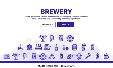Beer Brewery Landing Web Page Header Banner Template Vector. Alcohol Foam Drink Brewery Concept Linear Pictograms. Barrel And Bottle, Faucet And Keg Illustration