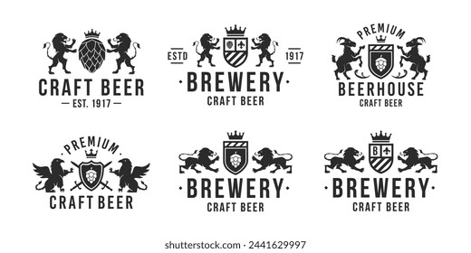 Beer, brewery logo set. Vintage beer logo with heraldic animals.Vintage brewery emblems. Beer labels, emblems, logo. Vector illustration