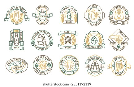 Beer and brewery logos, labels, icons. A set of 15 beer logotypes. Bottle, Glass, Mug, Legacy Brews, Brewery Beer. Perfect for branding craft breweries, beer distributors, bars. Vector illustration
