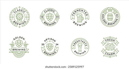 Beer and brewery logos, labels, icons. A set of 8 beer logotypes. Bottle, Glass, Mug, Legacy Brews, Brewery Beer. Perfect for branding craft breweries, beer distributors, bars. Vector illustration