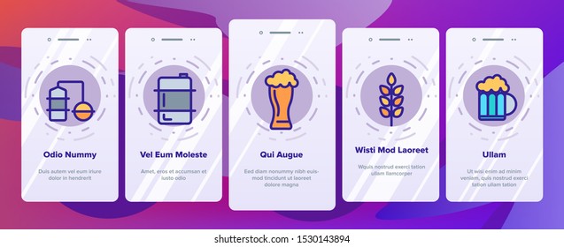 Beer Brewery Onboarding Mobile App Page Screen Vector Icons Set Thin Line. Alcohol Foam Drink Brewery Concept Linear Pictograms. Barrel And Bottle, Faucet And Keg Contour Illustrations