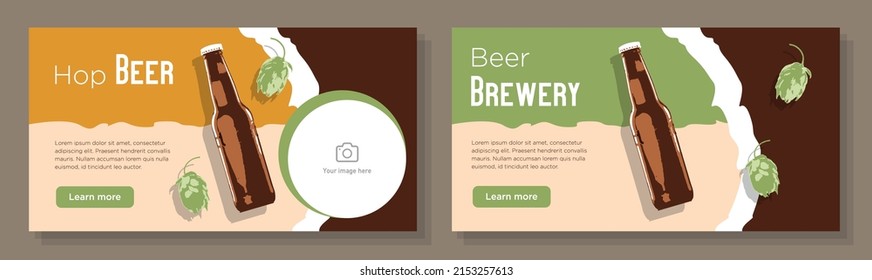 Beer brewery online banner template set, hop plant, beer bottle advertisement, horizontal ad, brewing alcohol drinks campaign webpage, flyer, creative brochure, isolated on background.