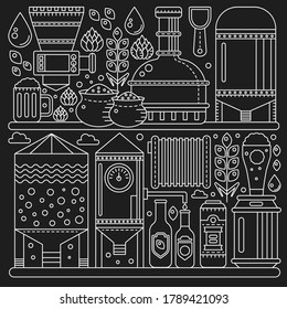 Beer Brewery production conveyor process. Beer factory production line, black background. Oktoberfest. Outline stroke linear style vector illustration.