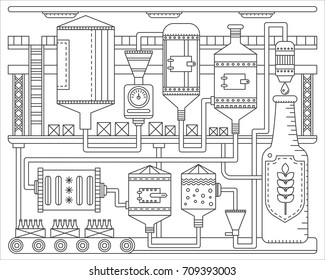 Beer Brewery Production Process. Line Factory Beer Background. October Fest. Outline Stroke Linear Style Vector Illustration.