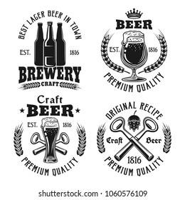 Beer and brewery set of four emblems, labels, badges or logos in vintage style isolated on white background