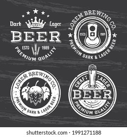 Beer and brewery set of four vector white emblems, labels and badges isolated on dark chalkboard with removable grunge texture