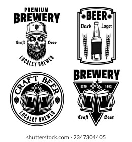 Beer and brewery set of vector emblems, labels, badges or logos in monochrome vintage style isolated on white background