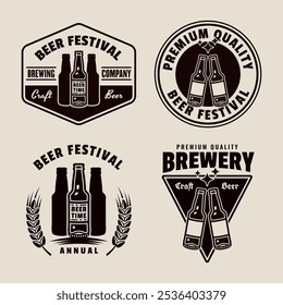 Beer and brewery set of vector emblems, labels, badges in monochrome vintage style isolated on light background. Hand drawn. Not AI generated
