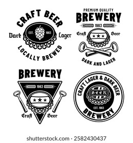 Beer and brewery set of vector emblems, labels, badges in monochrome vintage style isolated on white background