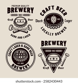 Beer and brewery set of vector emblems, labels, badges in monochrome vintage style isolated on light background