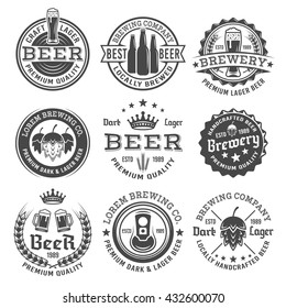 Beer and brewery set of vector retro style black and white labels, emblems, badges and logos isolated on white background