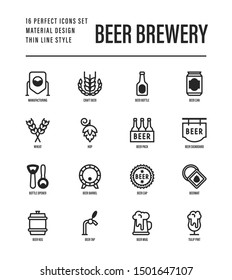 Beer brewery thin line icons set: manufacturing, craft, tap, mug, tulip pint, wheat, hop, bottle opener, barrel. Vector illustration for bar or restaurant.