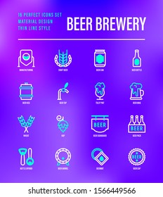 Beer brewery thin line icons set: manufacturing, craft, tap, mug, tulip pint, wheat, hop, bottle opener, barrel. Vector illustration for bar or restaurant.