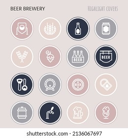 Beer brewery thin line icons set: manufacturing, craft, tap, mug, tulip pint, wheat, hop, bottle opener, barrel. Highlights for stories. Vector illustration for bar or restaurant.