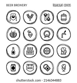 Beer brewery thin line icons set: manufacturing, craft, tap, mug, tulip pint, wheat, hop, bottle opener, barrel. Highlights for stories. Vector illustration for bar or restaurant.