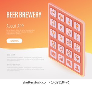 Beer brewery web page template. Buttons on tablet with thin line isometric icons. Manufacturing, craft, tap, mug, tulip pint, wheat, hop, bottle opener. Vector illustration for bar or restaurant.