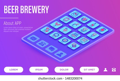 Beer brewery web page template. Buttons on tablet with thin line isometric icons. Manufacturing, craft, tap, mug, tulip pint, wheat, hop, bottle opener. Vector illustration for bar or restaurant.