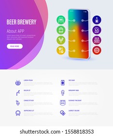 Beer brewery web page template with copy space. Mobile app on smartphone with thin line icons: manufacturing, craft, tap, mug, tulip pint, barrel. Vector illustration for bar or restaurant.