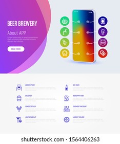 Beer brewery web page template with copy space. Mobile app on smartphone with thin line icons : manufacturing, craft, tap, mug, bottle opener, barrel. Vector illustration for bar or restaurant.