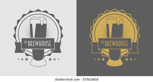 Beer, brewhouse or pub logo design element in vintage style for logotype, label, badge and other design. Brewery retro vector illustration. Gray and gold.