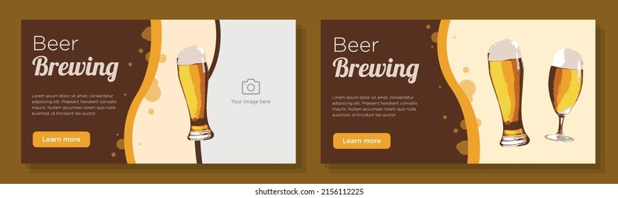 Beer brewing company online banner template set, craft beer brewery advertisement, horizontal ad, alcohol drink glasses campaign webpage, hop, wheat drinks flyer, creative brochure, isolated.