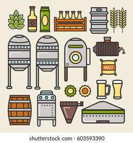 Beer brewing factory process and brewery production line details and elements of brew factory. Details of fermentation vessels or barrels filtration stations and beer bottles Vector isolated icons set