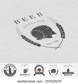 Beer and brewing. Beer festival Oktoberfest. Brewing typographic labels, logos and badges. Grunge Effect. Flat vector illustration