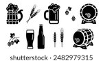 Beer and brewing icon set, black silhouette isolated on white. Vector stencil clipart sign or logo for pub or Octoberfest design. Beer wooden mug, pint glass and bottle and barrel, hop and wheat ear.