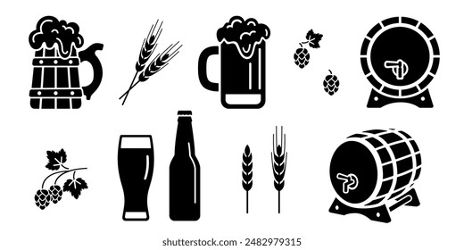 Conjunto de iconos de cerveza y cerveza, silueta negra aislada en blanco. Vector stencil Clipart signo o logotipo para pub o diseño Octoberfest. Taza de madera de cerveza, vidrio de impresión y botella y barril, lúpulo y oreja de trigo.