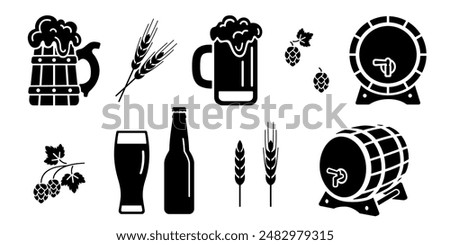 Beer and brewing icon set, black silhouette isolated on white. Vector stencil clipart sign or logo for pub or Octoberfest design. Beer wooden mug, pint glass and bottle and barrel, hop and wheat ear.