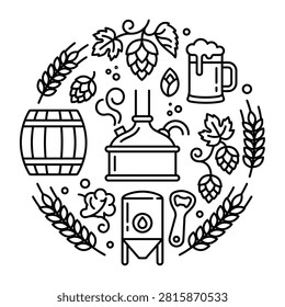 Beer brewing icons circle with craft brewery line art. Minimalist black and white vector illustration of hops, wheat, barrel, and brewing equipment for branding and logo design.