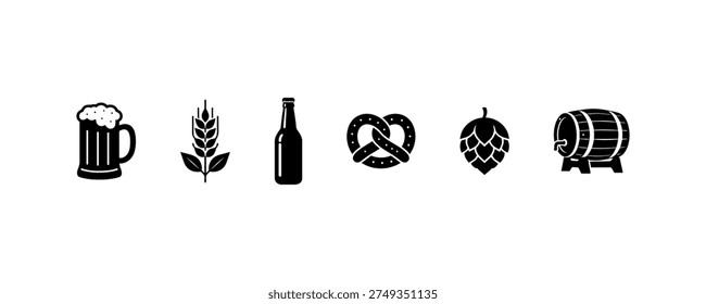 Beer brewing icons: mug, wheat, bottle, pretzel, hop, barrel silhouettes.