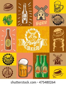 beer, brewing, ingredients, consumer culture. set of simple color illustrations