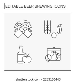 Beer brewing line icons set. Malted barley for producing alcohol. Beverage concepts. Isolated vector illustrations. Editable stroke