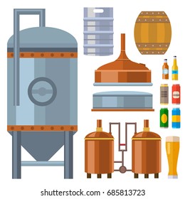 Beer brewing process alcohol factory production equipment mashing boiling cooling fermentation vector illustration.