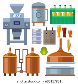 Beer brewing process alcohol factory production equipment mashing boiling cooling fermentation vector illustration.