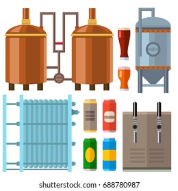 Beer brewing process alcohol factory production equipment mashing boiling cooling fermentation vector illustration.