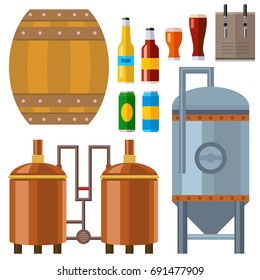 Beer brewing process alcohol factory production equipment mashing boiling cooling fermentation vector illustration.