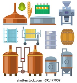 Beer brewing process alcohol factory production equipment mashing boiling cooling fermentation vector illustration.