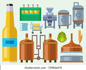 Beer brewing process alcohol factory production equipment mashing boiling cooling fermentation vector illustration.