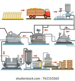 Beer brewing process, production of beer vector Illustrations