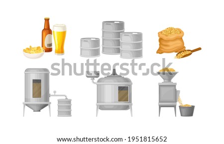 Beer Brewing Process with Steeping Cereal Grains Vector Set
