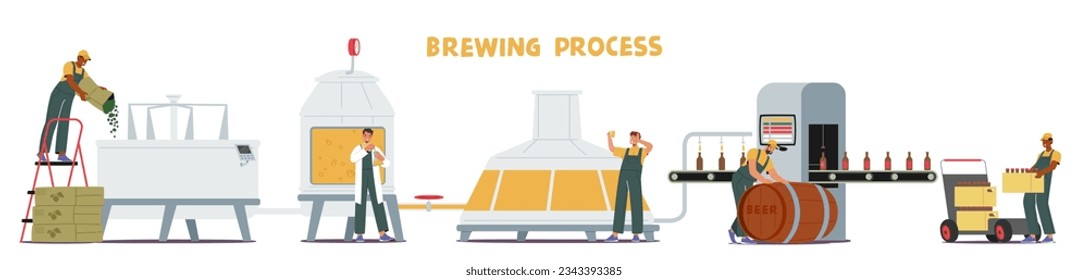 Beer Brewing Production Process Involves Steps Like Malting, Mashing, Boiling, Fermentation, And Packaging, Resulting In The Creation Of Delicious And Refreshing Beer. Cartoon Vector Illustration