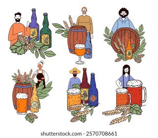 Beer brewing scenes with diverse characters and elements including barrels hops and bottles in colorful compositions. Perfect for web design or banners