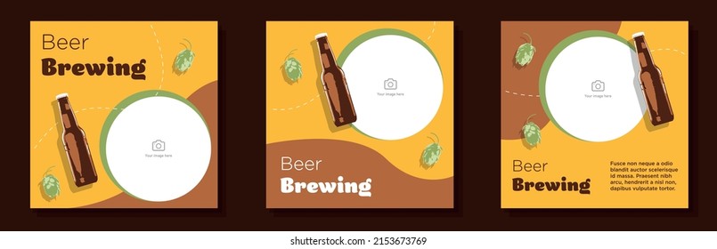 Beer brewing shop social media post, banner set, hop plant, beer bottle advertisement concept, countryside wheat brewery marketing square ad, abstract print, isolated on background.