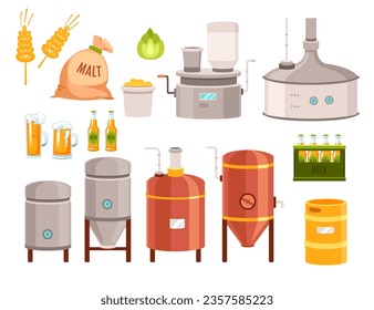 Beer brewing tanks equipment for fermentation and maturation, malt bag sack and spikelet, bottled craft drink, stainless steel barrel vector illustration. Private brewery factory small business set