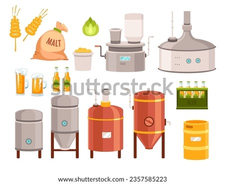 Beer brewing tanks equipment for fermentation and maturation, malt bag sack and spikelet, bottled craft drink, stainless steel barrel vector illustration. Private brewery factory small business set